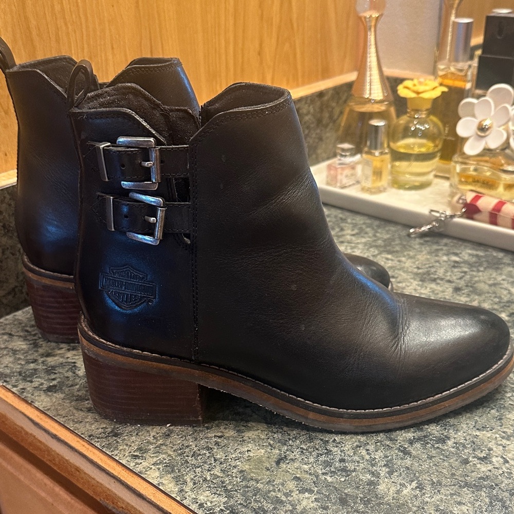 Harley-Davidson Ronetta Black Leather Ankle Booties with Buckle Detail